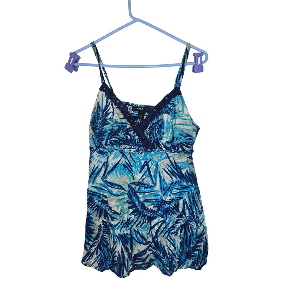 Nine West Womens Y2K Babydoll Cami‎ Tank Top Size M Feminine Blue Tropical Print